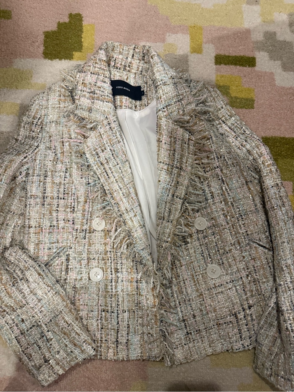 Vero Moda Cream Multi-Color Tweed Double-Breasted Blazer